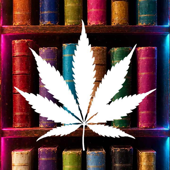 Strain Library logo: a white cannabis leaf in front of a neon-lit bookshelf